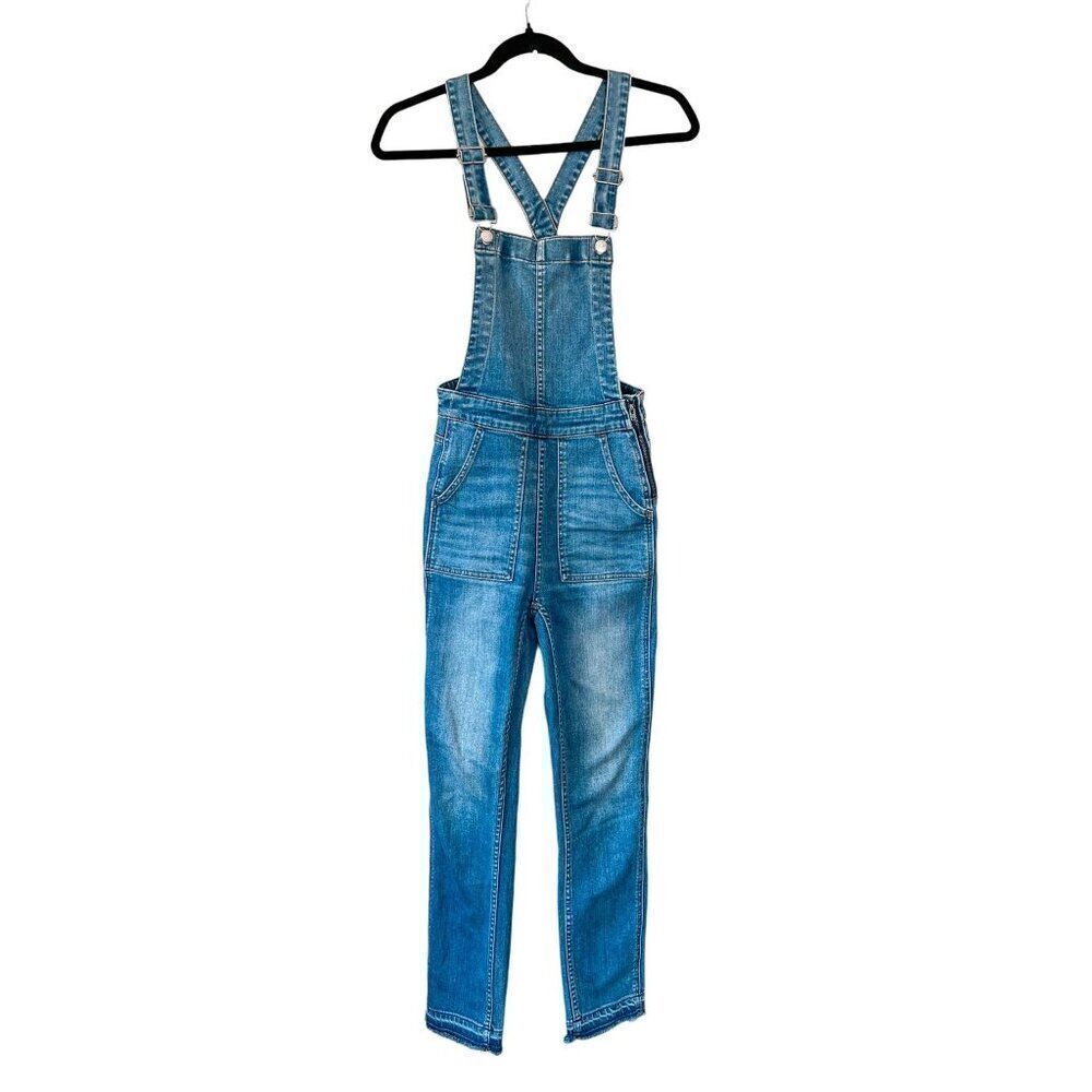 Madewell Skinny Denim Overalls in Kemp Wash Bibs Jeans Raw Frayed Hem Size XS